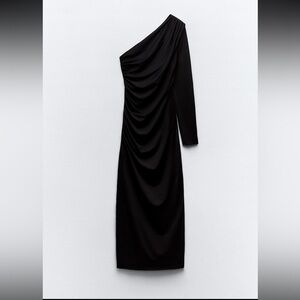 ZARA - One-Shoulder Black Long Sleeve Midi Dress